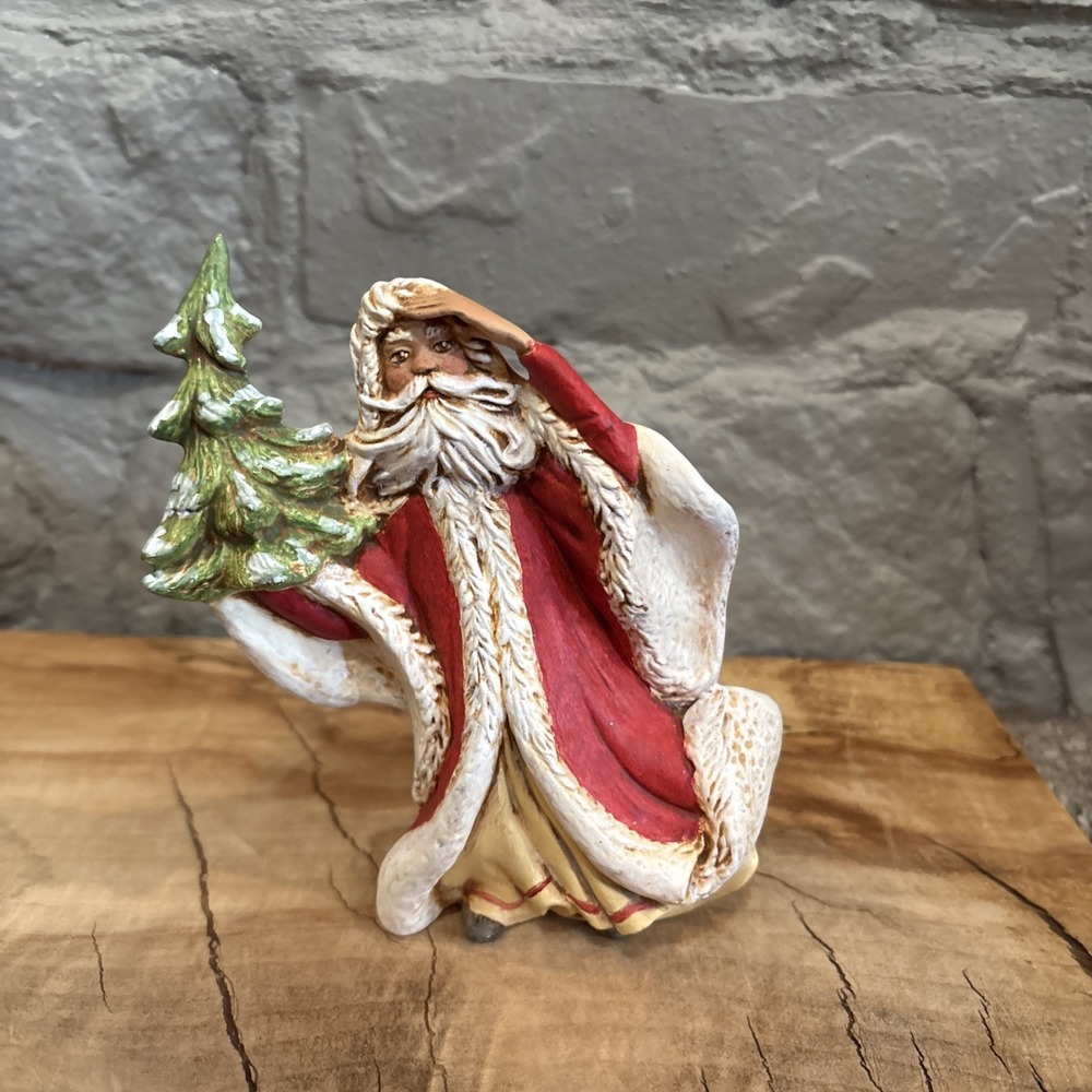 Whimsical‎ Vintage Ceramic Windblown Santa Holding Tree Unmarked, Textured 6"